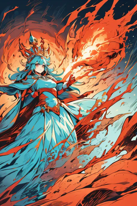 「light blue crying goddess vs king with red crown」、orange flame