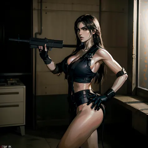 there is a woman in a black outfit holding a gun, Tifa Lockhart, quiet from metal gear solid, ff Tifa, tifa lockheart, Charming Tifa Lockheart, quiet from metal gear solid v, alluring tipha lockhart portrait, with rifle, tifa lockhart portrait, iu lee ji-e...