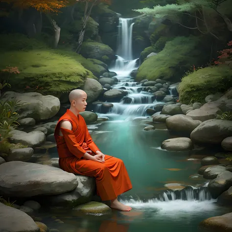 A Buddhist monk meditating By the stream, his coral-colored threads are coming out The facial expression is peaceful, cinematic lighting hyper realistic super details skin texture is very detail