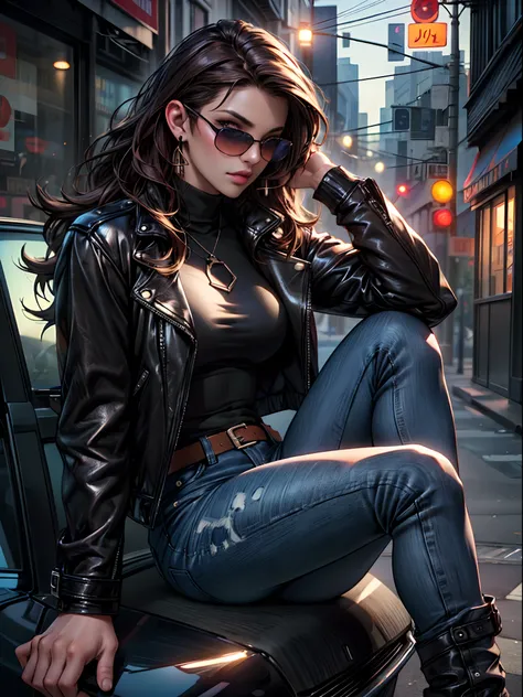 (best quality,highres,ultra-detailed,realistic:1.2),portrait,woman,in city,night time,beautiful detailed eyes,beautiful detailed lips,black leather jacket,blue jeans,sitting,stylish pose,tinted black sunglasses,wavy dark brown hair,earring,model photoshoot...