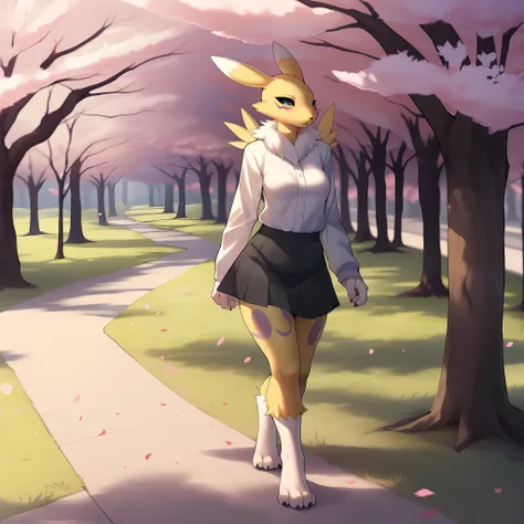 by gudlmok99, by sleepiness18, by fumiko, renamon, wearing black skirt, white shirt, walking in a park, cherry blossom trees, so...