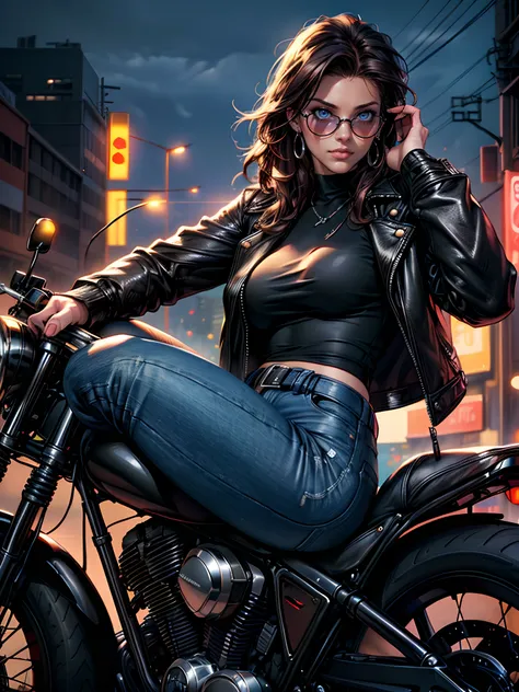 (best quality,highres,ultra-detailed,realistic:1.2),portrait,woman,in city,night time,beautiful detailed eyes,beautiful detailed lips,black leather jacket,blue jeans,sitting on a motor bike,stylish pose,tinted black sunglasses,wavy dark brown hair,earring,...