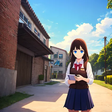 brown hared girl with medium sised breast, statnding next to school gate. She has blue eyes. She is smiling although she has rather sad look on her face. In her left hand she is holding a tekstbook. In the background we san see a regular schoolground, atte...