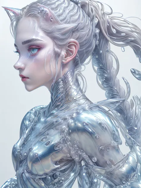 Super detailed abstract photo of cute pale draconian WaterAI girl in full body pose、Dragon and girl mix、Half Dragon、Silver ponytail with strand hair、(​masterpiece)、Realistic and beautiful face、Cinematic light、(Beautiful silver cat eyes:1.3)、perfect anatomi...