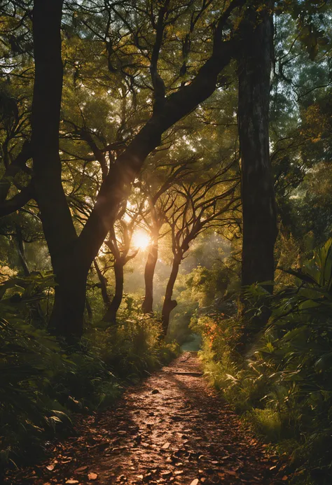 a person walking along a winding path in a natural setting, como uma floresta. As the person walks, It is illuminated by a soft light that shines through the trees, symbolizing the journey of self-exploration and transformation. Symbols and elements of nat...