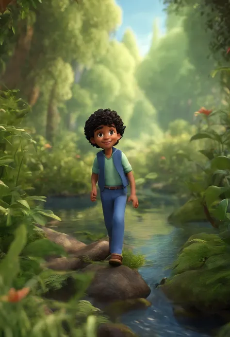 BOY, BLACK, CURLY HAIR, BLUE CLOTHES, CHEERFUL, CROSSING A CREEK, FOREST SCENERY OF CARNIVORAS PLANT, 3D ANIMATION