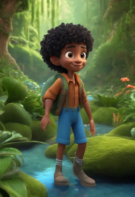 BOY, BLACK, CURLY HAIR, BLUE CLOTHES, CHEERFUL, CROSSING A CREEK, FOREST SCENERY OF CARNIVORAS PLANT, 3D ANIMATION