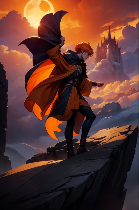 A mage with orange hair making a powerful position on a raised stone in a city among the clouds sunset sky full of clouds mage wearing robe hood beautiful 8k dramatic scene statues autumn trees character with short hair and large cape fluttering in the win...