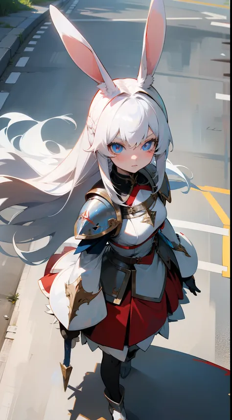 Anime,1rabbit girl,(kid),solo,white hair,Long rabbit ear,blue eyes,long hair,templar silver knight outfit,red skirt,masterpiece,best face,detailed face,innocent face,walking in the road,serious face,down-up view