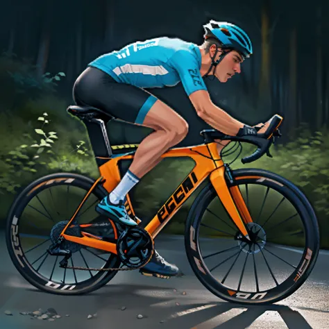 Cyclist man riding bike, hipper realistic, high detailed, high detailed face, realistic style, realistic lights, side shot, full body, blue gravel bike