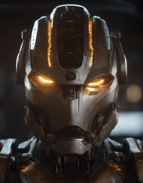 Intricate detailed, hyper realistic robotic head from Blade Runner, Bioshock and Transformers , optic filled with warm lightning, robot head filled with glowing light. Sci-fi cyborg. Cinematic lighting. 55mm, f1.4, V-ray, octane render, unreal engine, ultr...