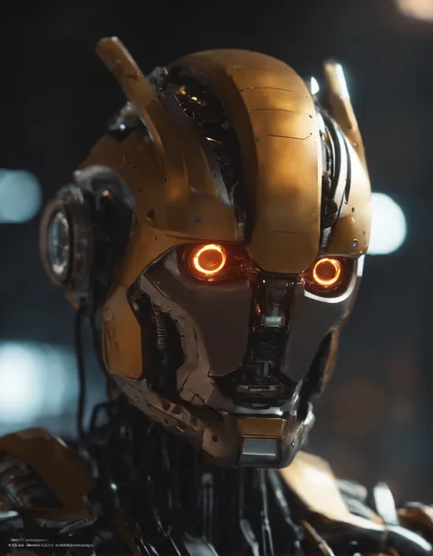 Intricate detailed, hyper realistic robotic head from Blade Runner, Bioshock and Transformers , optic filled with warm lightning, robot head filled with glowing light. Sci-fi cyborg. Cinematic lighting. 55mm, f1.4, V-ray, octane render, unreal engine, ultr...