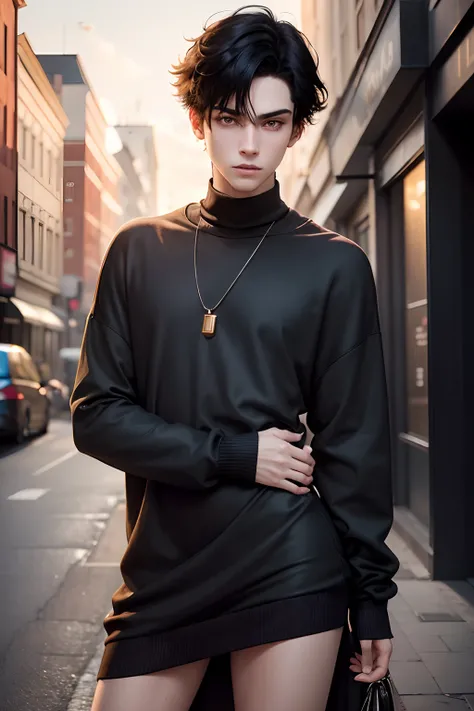 Boy with black hair and ginger hair，The hair hangs almost down to the neck，Wearing a sweatershirt，with lustful eyes，Stand at the intersection of light and darkness：HD graphics，wearing a sexy dress, sexy and hot