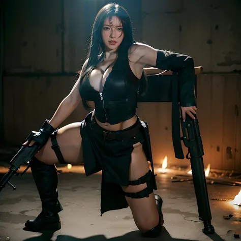 arafed woman in a black outfit holding a gun and posing, Tifa Lockhart, Charming Tifa Lockheart, tifa lockheart, alluring tipha lockhart portrait, ff Tifa, tifa lockhart portrait, beautiful female assassin, portrait of tifa lockhart, iu lee ji-eun as a sup...