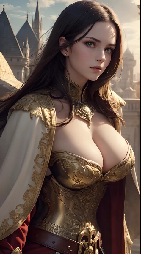 (ultra detailed, beautiful, masterpiece, best quality), cowboy shot, front angle, looking at viewer, breasts, cleavage, (female soldier, dignified captain, dressed in elaborately detailed gorgeous armour, cloak flutter), city, renaissance architecture, sun...