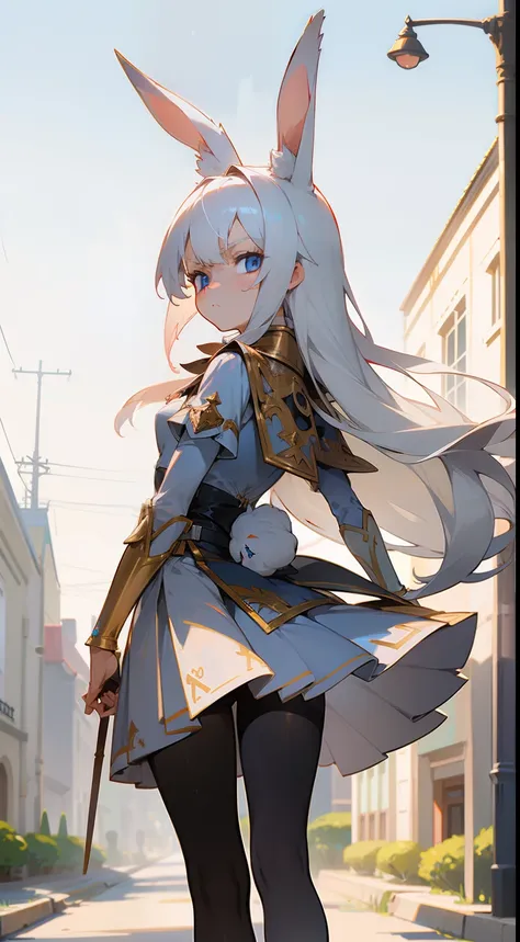 Anime,1rabbit girl,(small,kid),solo,white hair,Long rabbit ear,blue eyes,long hair,templar silver knight outfit,golden skirt,masterpiece,best face,detailed face,innocent face,walking in the road,serious face,black pantyhoses