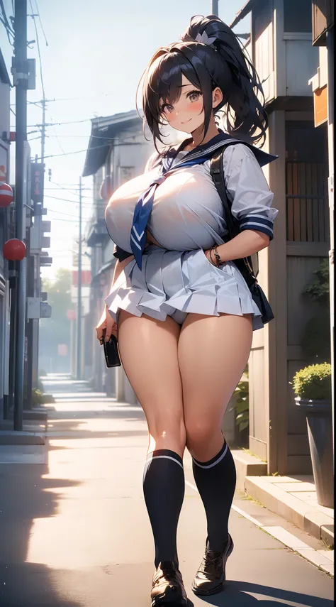 Cute girl with ridiculously huge breasts,Ultramammy,huge gigantic breasts,very heavily hanging udder,well-muscled,Walk facing this way,Japan Sailor School Uniform,Black Thigh Socks,Ponytail with black hair,A delightful,Happy expression,Alleys in residentia...