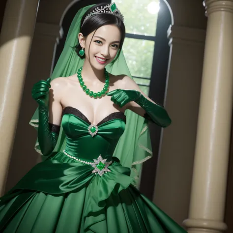 emerald tiara, Large Green Pearl Necklace, Boyish very short black hair, lipsticks, Japan woman smiling, Long green gloves made of satin material, very short short hair, Guts Pose, Green eyes, big breasts beautiful