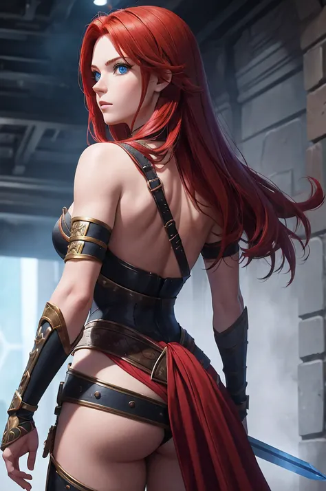 Make a back-looking amazon looking back with red hair, blue eyes, in a warriors outfit with a sword on her back;, cores vibrantes, contraste e brilho perfeito, estilo cinema, 16k, super atraente