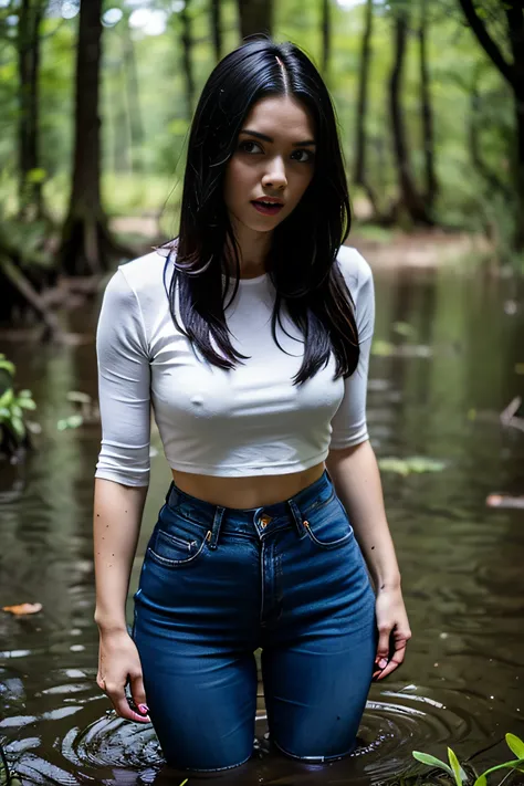 "Polina, dressed in high-waisted jeans, stood in a dark swamp, drowning in darkness. Pauline was engaged in a fetish in the swamp, And now her shameful weakness has been revealed. Paulines face expresses embarrassment, And shes trying to hide, but cant get...