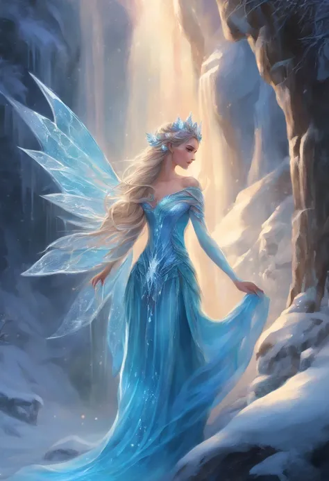 Artistic image of an ice fairy emerging from a frozen waterfall. The fairy has crystal wings and wears a sparkling ice dress. Her hair is braided with ice flowers and her eyes are a bright, piercing blue. With one hand, the fairy gently caresses the frozen...