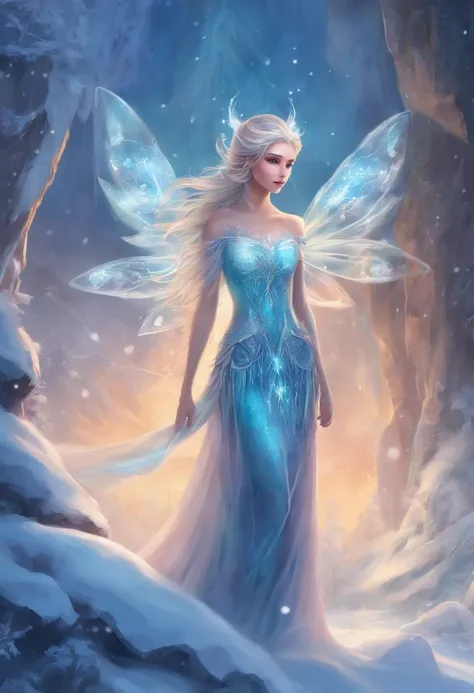 Artistic image of an ice fairy emerging from a frozen waterfall. The fairy has crystal wings and wears a sparkling ice dress. Her hair is braided with ice flowers and her eyes are a bright, piercing blue. With one hand, the fairy gently caresses the frozen...