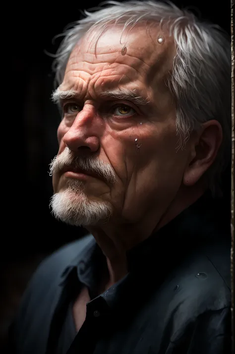 (sharp focus:1.2), an award winning photo of an old man peasant, water droplets, thunderstorm outside, lightning back lighting, , lines on face, wrinkles, extremely detailed skin, sadness, hopelessness ,cloudy eyes, (deep shadows:1.1), high contrast, beaut...