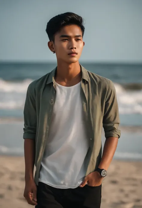 20-year-old boy with Indonesian face and round chin without beard, short hair, two-block haircut, on the beach, black eyes, no pimples on his face, 4k