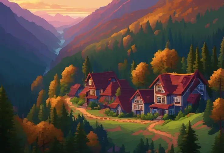 Valley pixel art with houses