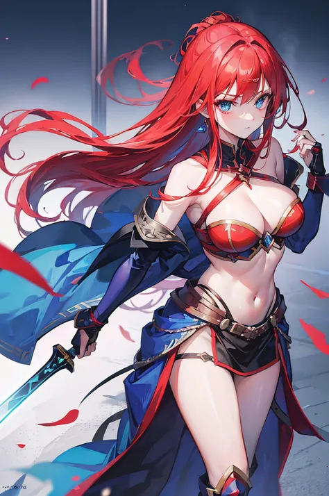 Make a blue-eyed, red-haired Amazon in a warrior outfit by unleashing a super magic from her sword, cores vibrantes, contraste e brilho perfeito, estilo cinema, 16k, super atraente