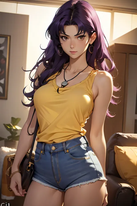 1woman, attire: tank top, (((yellow top))), (((jeans shorts))), black eyes, purple hair, medium hair, make up, necklace, tall, s...