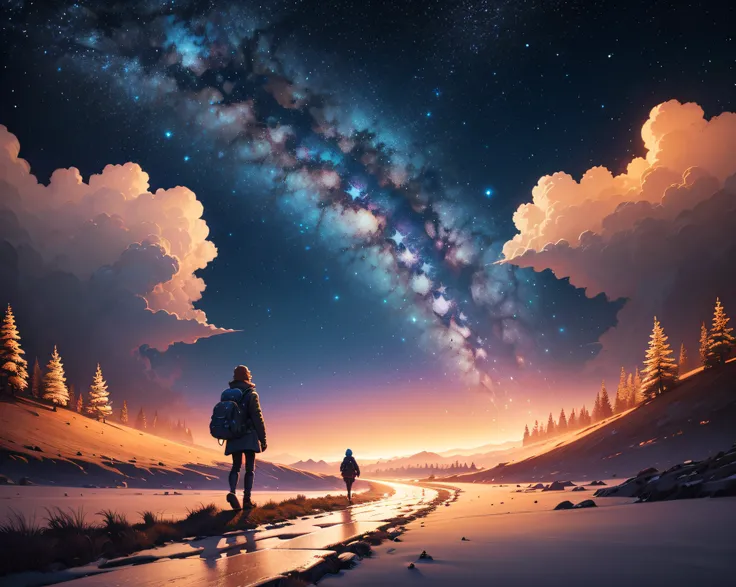 starry night sky with people walking in the distance, 4k highly detailed digital art, beautiful art uhd 4 k, amazing wallpaper, in the starry night, 4 k hd wallpaper very detailed, anton fadeev and dan mumford, 8k hd wallpaper digital art, josan gonzales a...