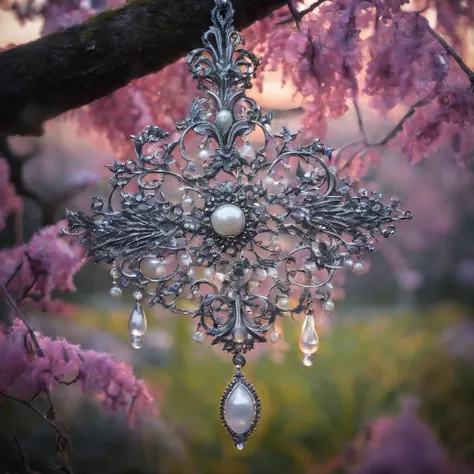 Dew hangs from the flowers at dawn, glistening like real pearls, masterpiece, best quality