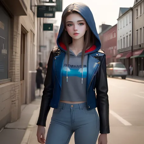 14-year-old Irish Caucasian dark-brunette girl with blue-gray eyes. Bad girl. Straight hair. Red hoodie, black leather jacket, and blue gray jeans.