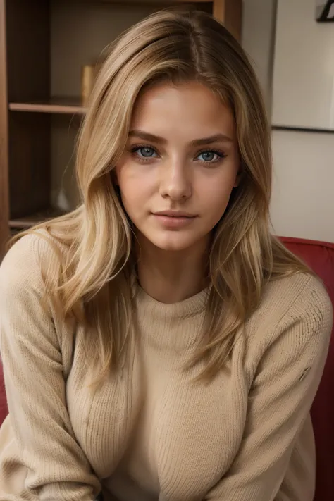 1Girl 18 years old, nur, Lange Haare, midsize boobs, Blick auf den Betrachter, blondes Haar, nackte Schultern, braune Augen, Schmuck, full entire body, Halskette, schulterfrei, pullover, lips, realistisch, Nase, Flirten mit der Kamera