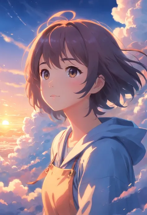 masterpiece, best quality, movie still, 1girl, cloud girl, floating in the sky, close-up, bright, happy, warm soft lighting, sunset, (sparks:0.7)