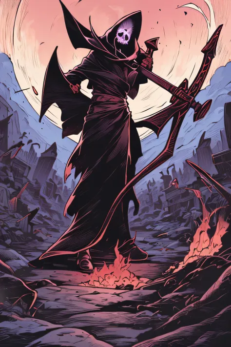 Grim Reaper with a Giant Scythe in the Cemetery、Purple Flame、Big Moon