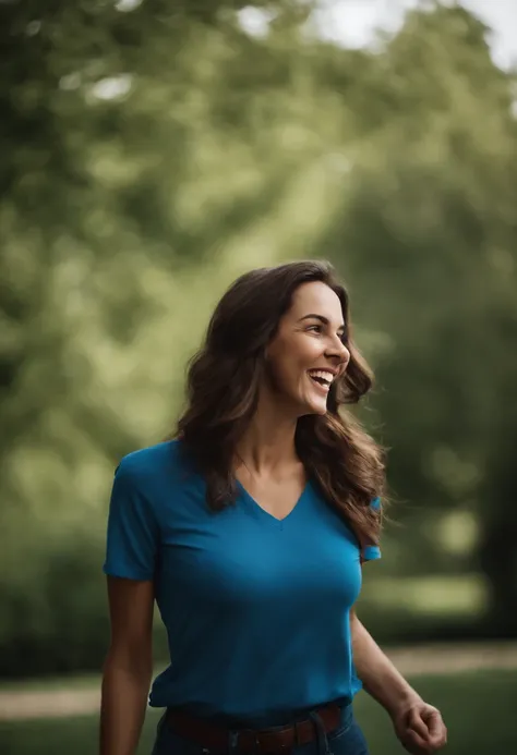 A brunette woman in a blue shirt holds her hair up, ein Stockfoto von John Luke, Auf Shutterstock im Trend, Ereignis, Greeting hand on head, Aufgeregter Gesichtsausdruck, she is smiling and excited, Stirn zeigen, hohe Stirn, it expresses joy, Aufgeregter G...