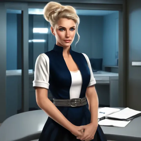 (Masterpeace), a young female woman holding a says  “prisoner”, ligth blond hair, bun hairstyle, standing in the jail office, dark blue eyes, wearing a smiple gray dress, with wide metal belt, side ligth