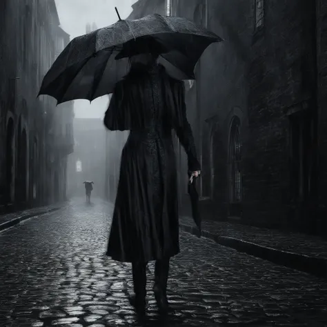 With an umbrella in hand, she wanders through the cobblestone alleys, the soft pattering of the rain resembling the sigh of an old friend, masterpiece, best quality