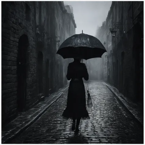 With an umbrella in hand, she wanders through the cobblestone alleys, the soft pattering of the rain resembling the sigh of an old friend, masterpiece, best quality