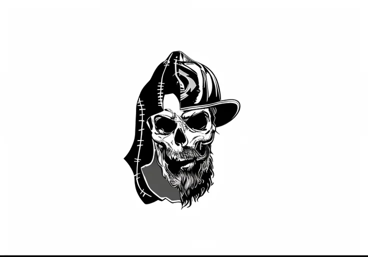 A closeup of a person with a beard and hat, bearded skull, skull design for a rock band, estilo de hydro74, mcbess illustration, Ceifador Punk Grim, barba, caveira, skull like, motociclista, arte vetorial em preto e branco, the head of the man is a skull, ...