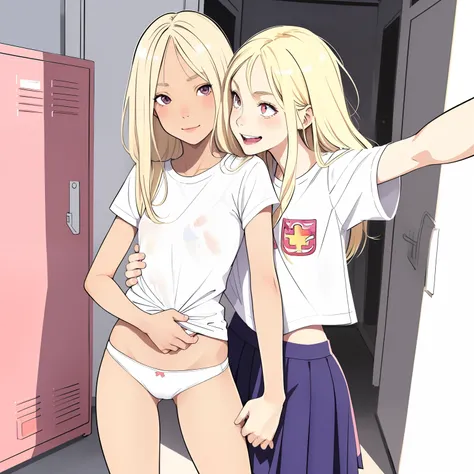 (superflat, flat shading, flat colors:1.1), 2girls, young teen, schoolgirl, slim, small breast, blonde hair, (tanned skin:0.7), pale skin, white t-shirt, (white panties), (hugging from behind), smile, love, blush, selfie, locker room, bright sunlight, best...