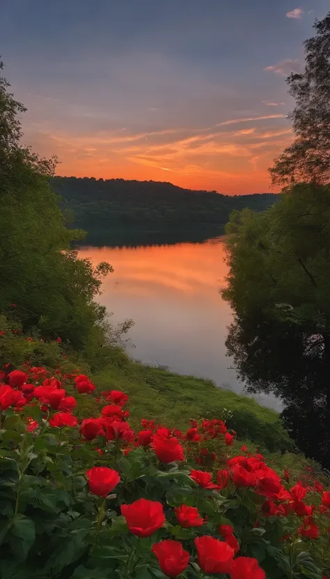 Sunset，evening light，The lake is crystal clear，In the distance is a hill，There are trees on the right，A lush，There is a large red flower on the left side