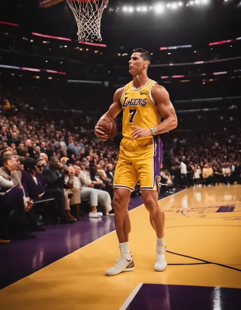 Cristiano Ronaldo jogando basquete vestindo uniforme do Los Angeles lakers