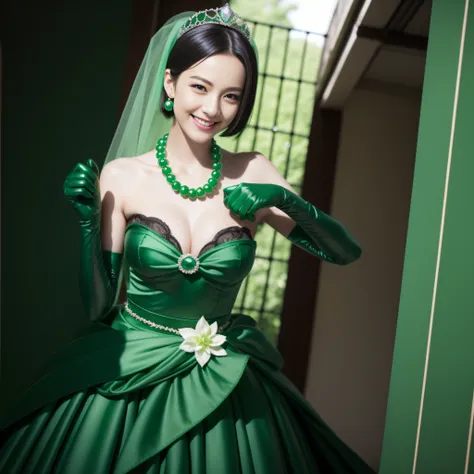 emerald tiara, Green Pearl Necklace, Boyish very short black hair, lipsticks, Japan woman smiling, Long green gloves made of satin material, very short short hair, fist, big breasts beautiful, Green eyes