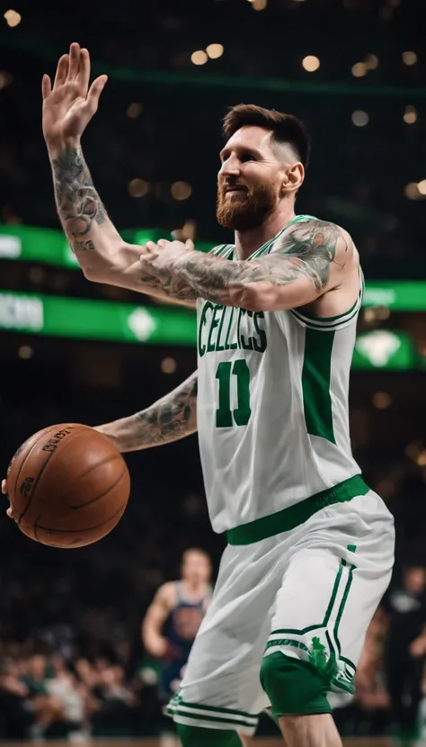 Lionel Messi jogando basquete vestindo uniforme do Boston Celtics