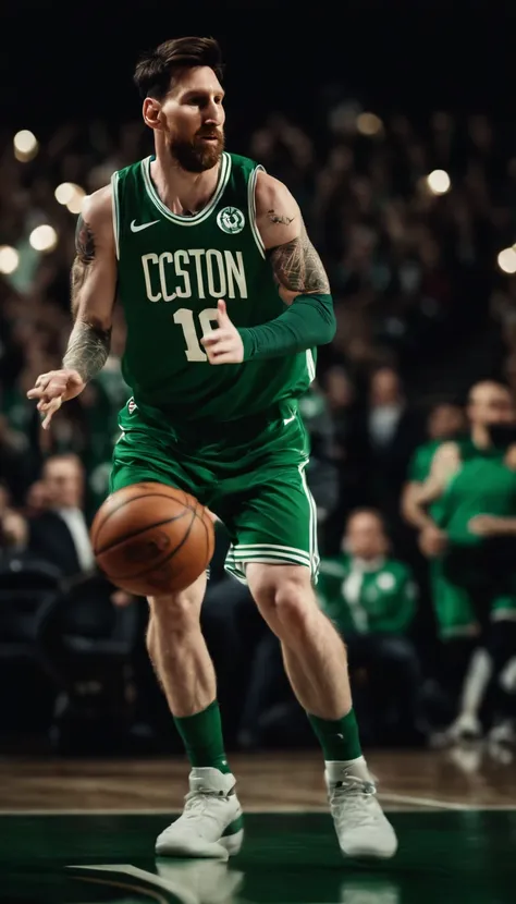 Lionel Messi jogando basquete vestindo uniforme do Boston Celtics