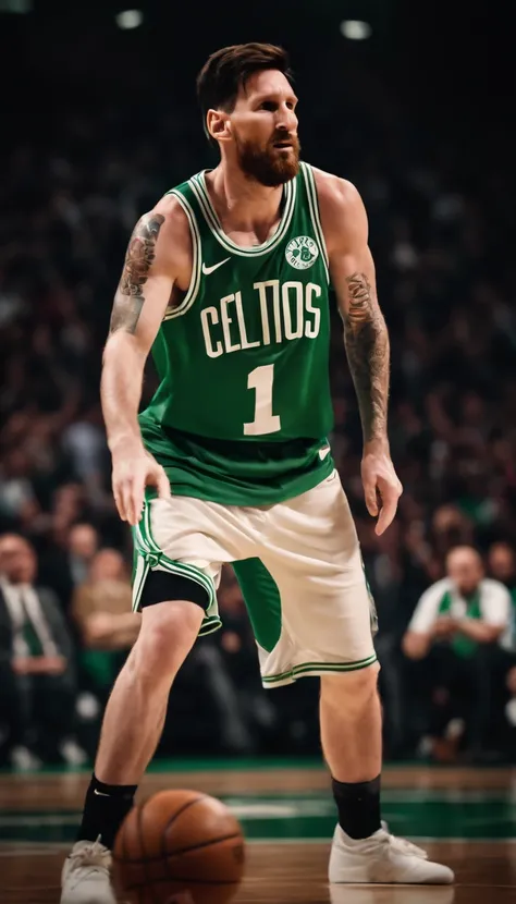 Lionel Messi jogando basquete vestindo uniforme do Boston Celtics