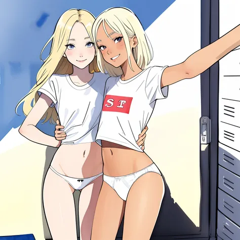 (superflat, flat shading, flat colors:1.1), 2girls, young teen, schoolgirl, slim, small breast, blonde hair, (tanned skin:0.7), pale skin, white t-shirt, (white panties), (hugging from behind), smile, love, blush, selfie, locker room, bright sunlight, best...